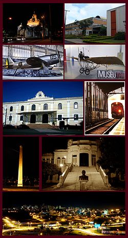 Views of São Carlos, Top left:Night view of São Carlos Cathedral, Top right:Federal University of São Carlos, 2nd:Planes display in Wings of a Dream Museum, P-47D Thunderbolt(left), Santos Dumont Demoiselle(right), Middle:São Carlos railroad station, Entrance Building(left), track and platform(right), 4th left:Chamine Garden, 4th right:Alvaro Guiao School, Bottom:Night view of Downtown São Carlos from Iguatemi Shopping Mall