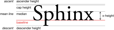 A diagram showing the line terms used in typography, with the baseline highlighted.