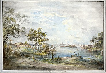 painting of a view of Stockholm across the water from a leafy park