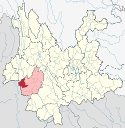 Location of Zhenkang County (red) and Lincang City (pink) within Yunnan