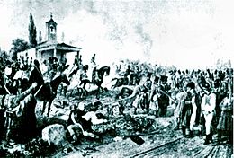 Print showing generals on horseback in front of a small chapel while Austrian soldiers and French prisoners stand nearby