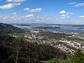 Leimbach, lower Sihl valley, inner city of Zürich and Käferberg (to the left) in the background, as seen from Felsenegg