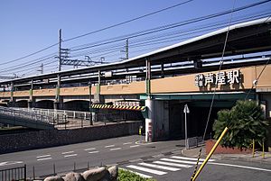 由东南侧望去的车站全景。照片左侧桥梁部分横跨者即为芦屋川（日语：芦屋川）。