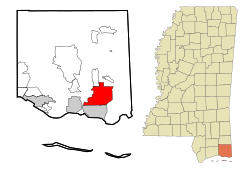 莫斯波因特在杰克逊县及密西西比州的位置（以红色标示）
