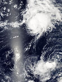 Satellite image of two systems on August 25: Hurricane Loke to the north and the weaker Tropical Depression Kilo to the south