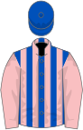 Royal blue and pink stripes, pink sleeves, royal blue cap