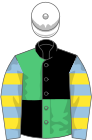 Black and emerald green quartered, light blue and yellow hooped sleeves, white cap