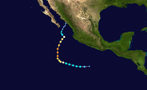 Map plotting the track and intensity of Hurricane Sandra according to the Saffir–Simpson scale