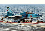 A Sukhoi Su-25UTG landing on board the aircraft carrier Admiral Kuznetsov