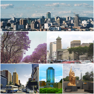 Left to right, from top: Harare skyline; Jacaranda trees lining Josiah Chinamano Avenue; Old Parliament House (front) and the Anglican Cathedral (behind); downtown Harare; New Reserve Bank Tower; Heroes' Acre monument