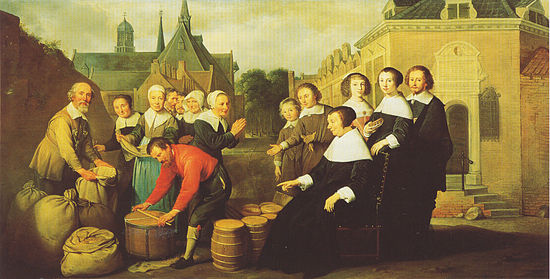 A painting that shows a woman, Van Pallaes, sitting on a chair with various well-dressed individuals behind her. Other people on the painting show gratitude whilst receiving food.