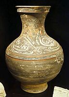 Hu-shaped pot, tomb ware, China, Han dynasty, 206 BC to 220 AD, painted earthenware - Östasiatiska museet, Stockholm