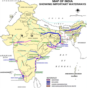 A map of India, with inland rivers colored by their identification and declaration statuses