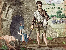Drawing of Sawney Bean outside of his cave