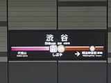 现在的东急式站牌。以线路颜色区别东横线与副都心线。（2013年3月16日）