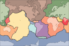 Shows the extent and boundaries of tectonic plates, with superimposed outlines of the continents they support