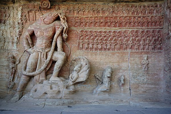 A wide image of Vishnu-Varaha rescuing Goddess Earth