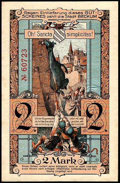 图为1918年德国钞票上的讽刺画。题材取自“贝库姆公告”，即贝库姆当地流传的一系列民间滑稽故事，画中描绘的把牛拉到墙顶让它去吃墙顶的草。