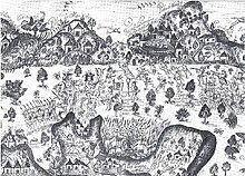 Black and white hand-drawn illustration showing a battle between Portuguese forces and their allies against an army of rebelling kingdoms