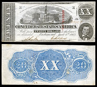 Twenty Confederate States dollar (T58), by Keatinge & Ball