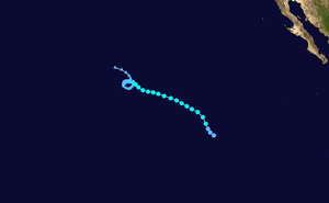 Map plotting the track and intensity of Tropical Storm Enrique according to the Saffir–Simpson scale