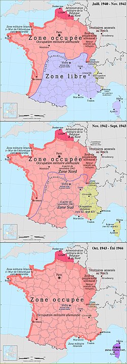 “占领区”：德国（粉色）及意大利（黄色）在法国的占领区、“自由区”（紫色）、“禁区”（大西洋沿岸）、比利时和法国北部军事行政区及德国兼併的阿尔萨斯-洛林