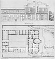 Elevation and floor plan. In the elevation, the sculptures to be added by Clodion were "fancifully interpreted".[11] In the plan north, is down; the rue Monsieur, to the left; and the Boulevard des Invalides, to the right.