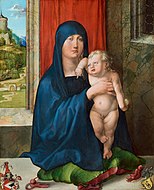 阿尔布雷希特·杜勒的《圣母与圣子（英语：Haller Madonna）》，54.2 × 42.2cm，约作于1496－1499年，来自山缪·亨利·卡瑞斯的收藏。[19]