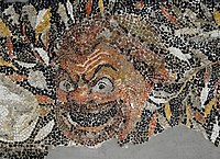 提洛岛珠宝区镶嵌画的细节，描绘了古希腊戏剧面具