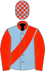 Light Blue, Scarlet collar, sash and sleeves, check cap