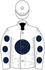 White, dark blue disc, white sleeves, dark blue spots