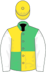 Emerald green and yellow quartered, white sleeves, yellow cap