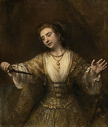This painting follows the tradition of depicting this tragic Roman heroine clutching the dagger she will eventually kill herself with.