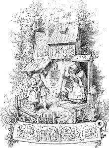 Elaborate ink-on-paper drawing of Hansel and Gretel and a witch