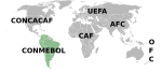 Map of the world with countries belonging to the CONMEBOL marked