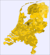 Map of the Netherlands with the municipalities in different shades of yellow