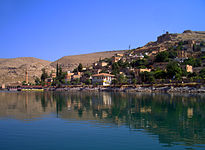 The town of Eski Halfeti (Old Halfeti), partially submerged by the rising waters of the Birecik Dam