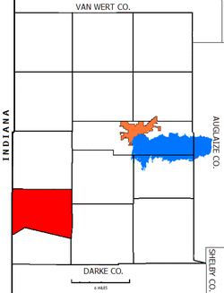 Location of Recovery Township (red) in Mercer County, relative to the county seat of Celina (orange) and Grand Lake St. Marys (blue)