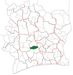 Location in Ivory Coast. Sinfra Department has retained the same boundaries since its creation in 1988.