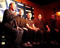 Horn (center) at a Q & A after the premier of the animated 300th episode of Skeptoid at the University of California, Irvine March 3, 2012[1]