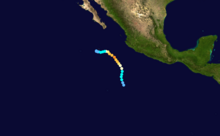 A map of the track of a hurricane off the Pacific coast of Mexico; moving northward at first, the hurricane gradually hooks to the west