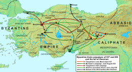 Geophysical map of Anatolia with the major cities and movements of the Byzantine and Arab armies marked