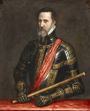 A century later than that of Santillana, Fernando Álvarez de Toledo, third Duke of Alba (painted by Titian) belongs to a nobility whose highest aspiration is to figure in the best position in the service of an undisputed monarchy. Outstanding general of Charles V and Philip II, he was governor of Milan (1555), viceroy of Naples (1556) and governor of the Netherlands (1566), where the black legend painted him as a negative stereotype of the Spanish nobleman. Disgraced by a family marital affair, he returned to lead the armies in the Portuguese campaign (1580). The Alba family headed the imperial faction, albista, hispanista or castellanista - opposed to the ebolistas in the 16th century, and the ensenadistas in the 18th century.