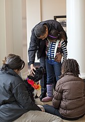 "The President, Barack Obama, shows his youngest daughter how to pet a small black dog whilst his oldest daughter and wife watch"