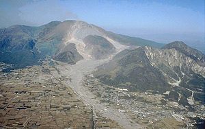Mount Unzen (center) and Mayuyama (right) showing the destruction, recent photo