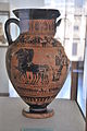 Etruscan black figure amphora; belly image: Athena in a quadriga; shoulder image: Aphrodite (in Etruscan, Turan), depicted with wings, holds her cloak over Aeneas; c. 470 BC.