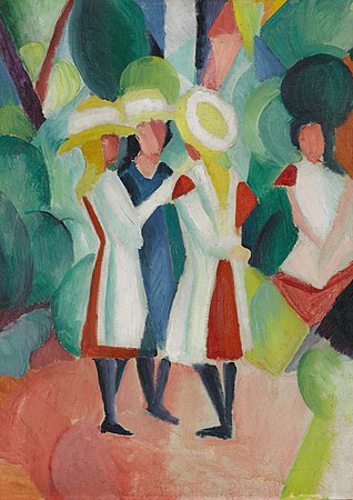 图为海牙市立美术馆的藏品之一、奥古斯特·马克的油画作品《三个戴有黄色稻草帽的女孩I》（德语：Drei Mädchen mit gelben Strohhüten I，1913年）。