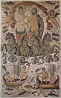 《波塞冬和安菲屈蒂的凯旋》展示了这对夫妻的欢宴（英语：Thiasus），镶嵌画细节，来自罗马阿非利加行省的希尔达（英语：Cirta）（Cirta），公元315-325年，卢浮宫