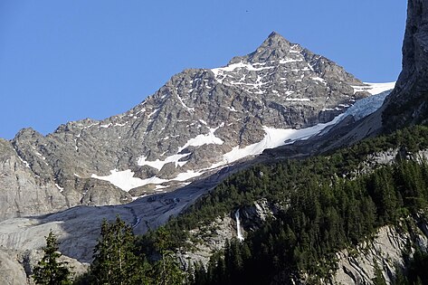 Dossenhorn/Tossen from the north-north-west: northwest face (Dossenwand) & north ridge (Dossengrat) with Dossen Hut SAC