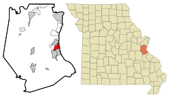 赫庫蘭尼姆在傑佛遜縣及密蘇里州的位置（以紅色標示）